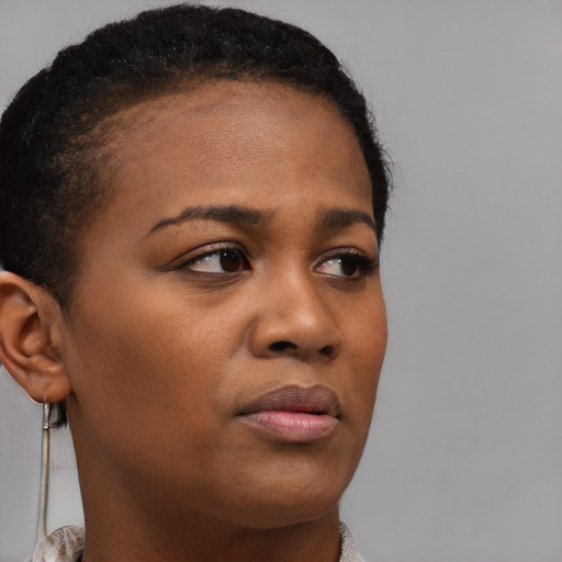Neutral black young-adult female with short  brown hair and brown eyes