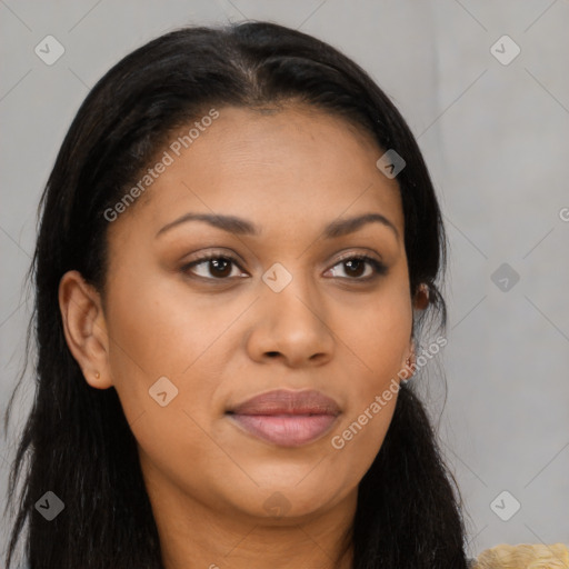 Joyful latino young-adult female with long  brown hair and brown eyes