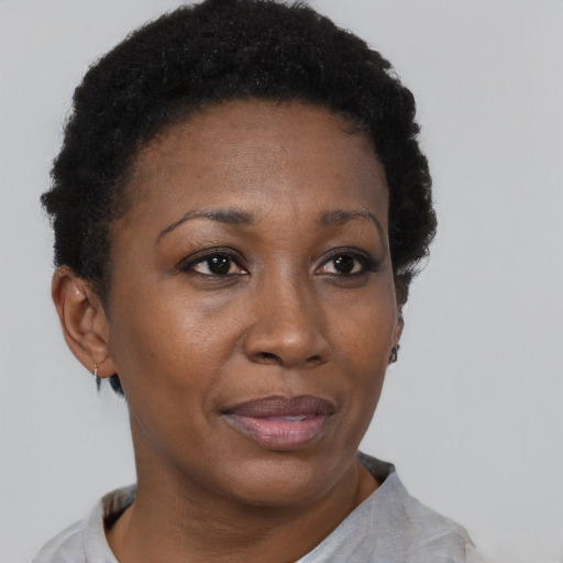 Neutral black adult female with short  brown hair and brown eyes