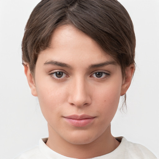 Neutral white young-adult female with short  brown hair and brown eyes