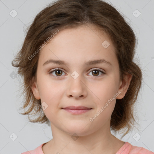 Joyful white child female with medium  brown hair and brown eyes