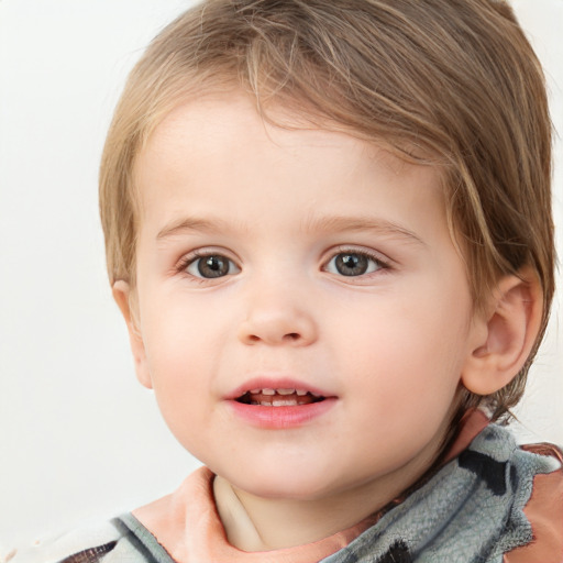 Joyful white child female with short  brown hair and grey eyes