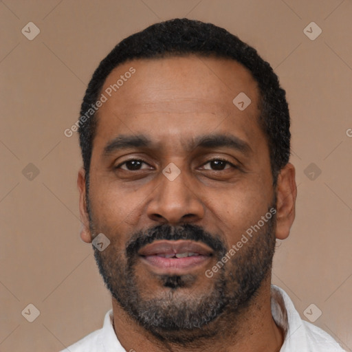 Neutral latino adult male with short  black hair and brown eyes