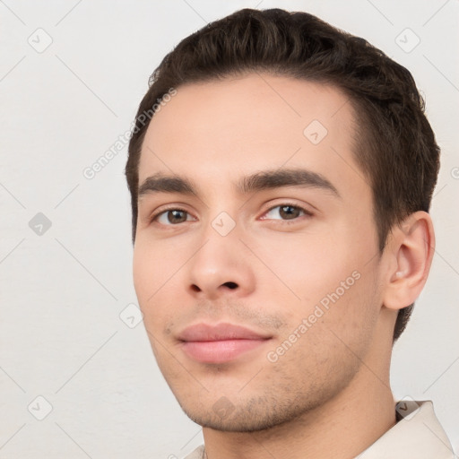 Neutral white young-adult male with short  brown hair and brown eyes