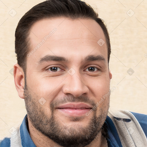 Joyful white adult male with short  brown hair and brown eyes