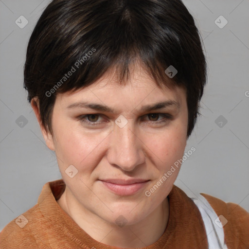 Joyful white adult female with medium  brown hair and brown eyes