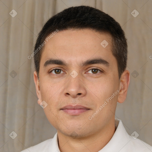 Neutral white young-adult male with short  brown hair and brown eyes