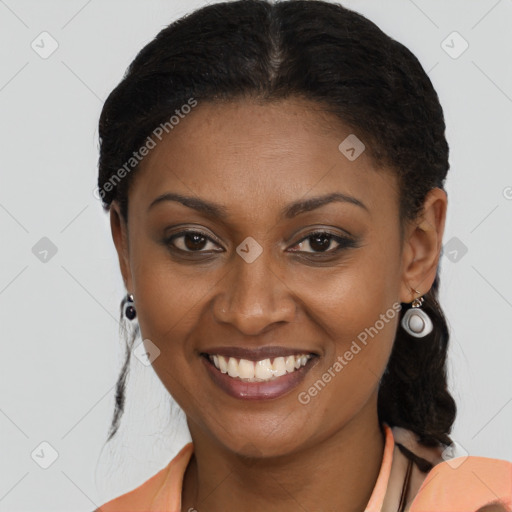 Joyful latino young-adult female with long  brown hair and brown eyes