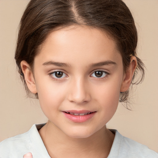 Joyful white child female with medium  brown hair and brown eyes