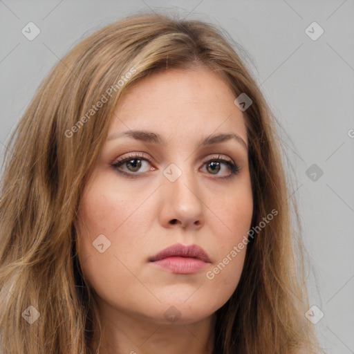 Neutral white young-adult female with long  brown hair and brown eyes