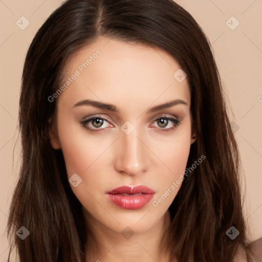 Neutral white young-adult female with long  brown hair and brown eyes