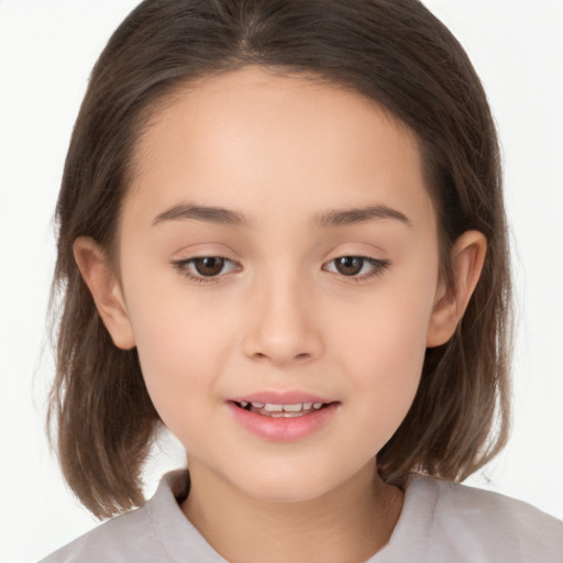 Joyful white child female with medium  brown hair and brown eyes