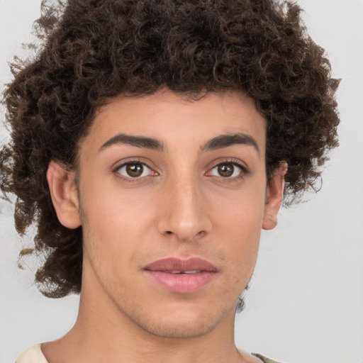 Joyful white young-adult male with medium  brown hair and brown eyes