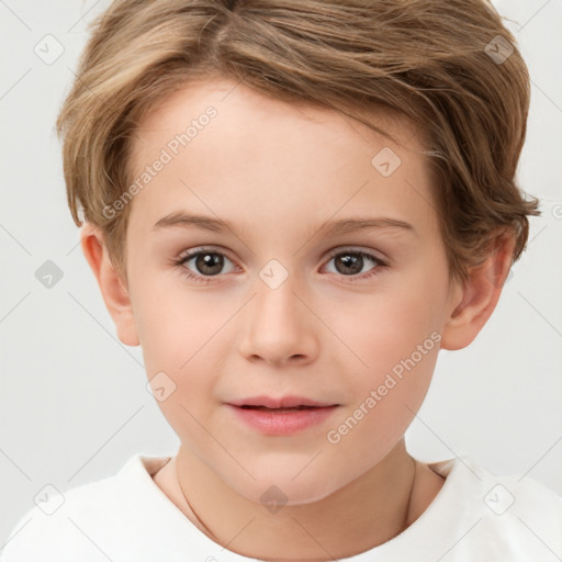 Joyful white child female with short  brown hair and brown eyes