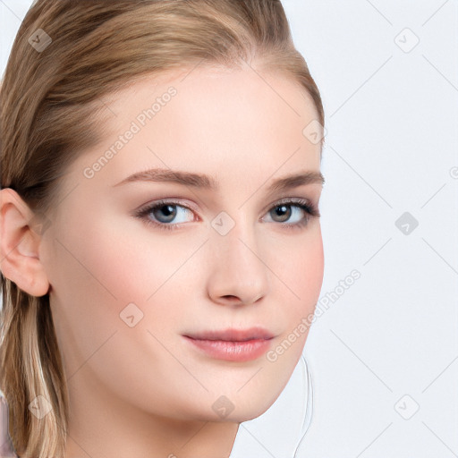 Joyful white young-adult female with long  brown hair and blue eyes