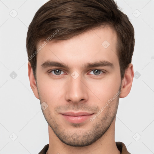 Neutral white young-adult male with short  brown hair and brown eyes