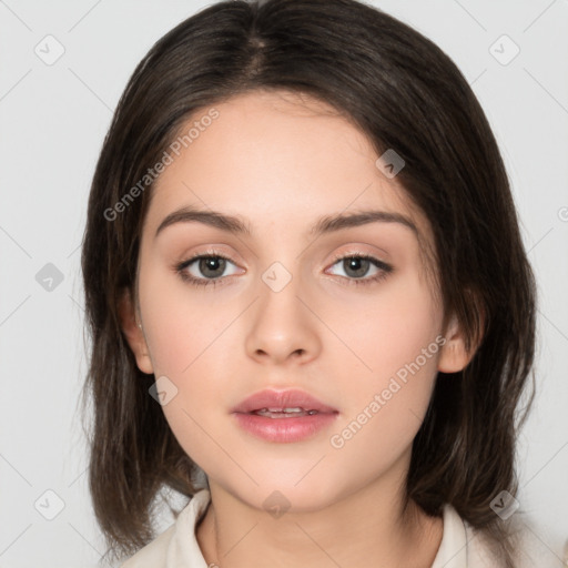 Neutral white young-adult female with medium  brown hair and brown eyes