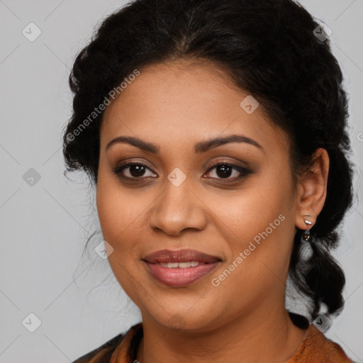 Joyful latino young-adult female with long  brown hair and brown eyes