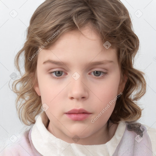 Neutral white child female with medium  brown hair and grey eyes