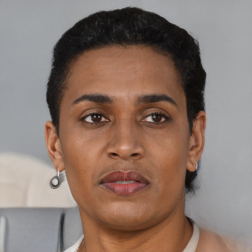 Neutral latino young-adult female with short  brown hair and brown eyes