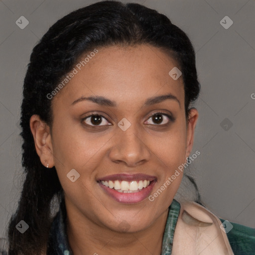 Joyful latino young-adult female with short  brown hair and brown eyes