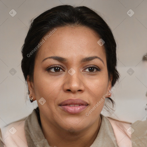 Joyful white adult female with medium  brown hair and brown eyes