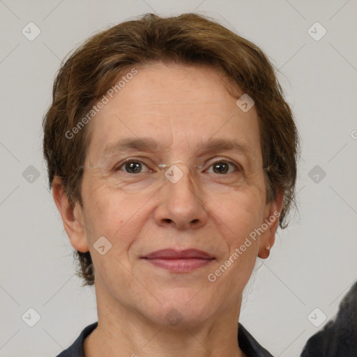 Joyful white adult female with short  brown hair and brown eyes