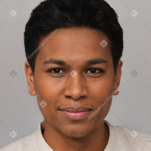 Joyful black young-adult male with short  black hair and brown eyes