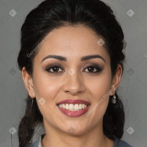 Joyful latino young-adult female with medium  brown hair and brown eyes