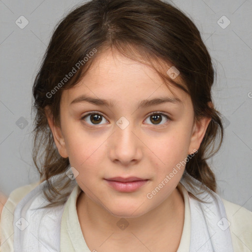 Joyful white child female with medium  brown hair and brown eyes