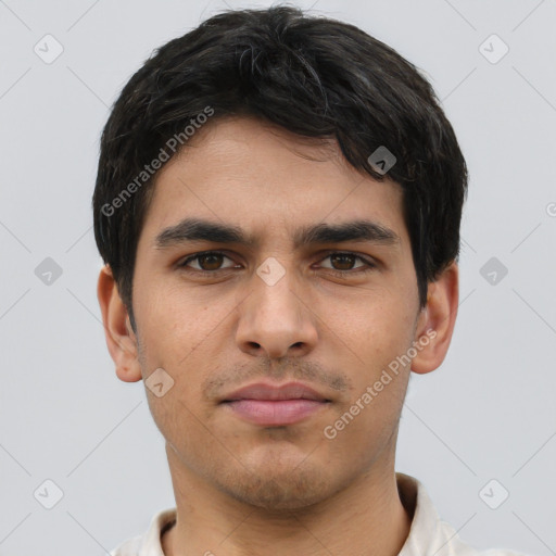 Neutral latino young-adult male with short  black hair and brown eyes
