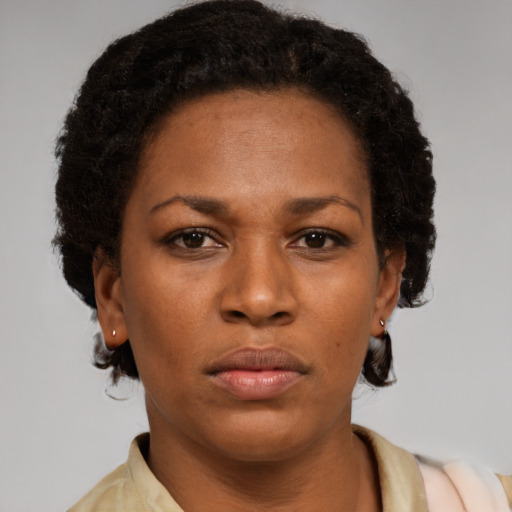 Neutral latino adult female with short  brown hair and brown eyes