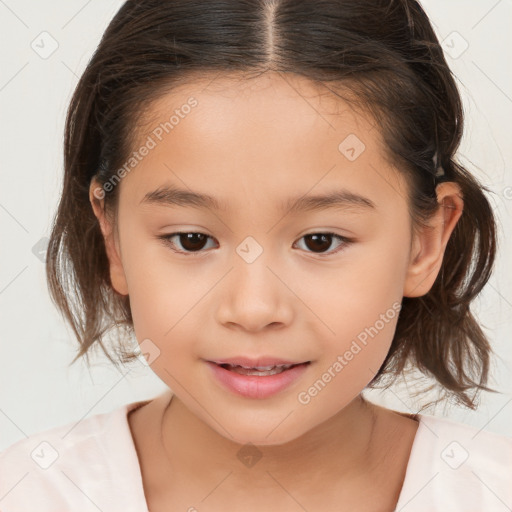 Joyful white child female with medium  brown hair and brown eyes