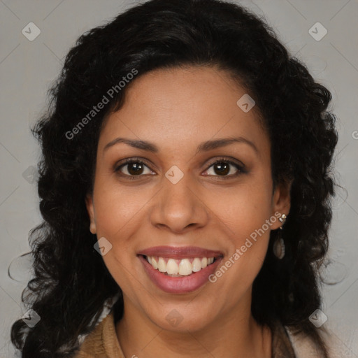 Joyful latino young-adult female with long  brown hair and brown eyes