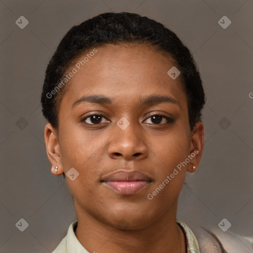 Joyful black young-adult female with short  brown hair and brown eyes