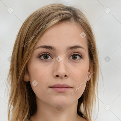 Neutral white young-adult female with long  brown hair and brown eyes