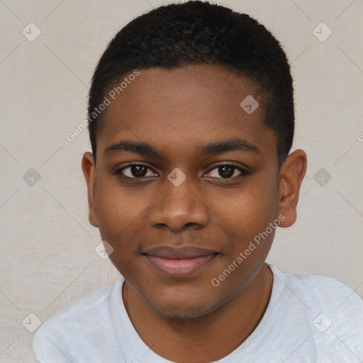 Joyful black young-adult male with short  brown hair and brown eyes