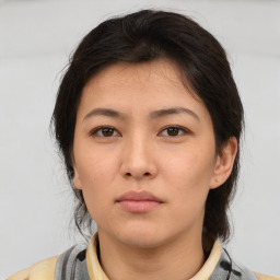 Neutral asian young-adult female with medium  brown hair and brown eyes