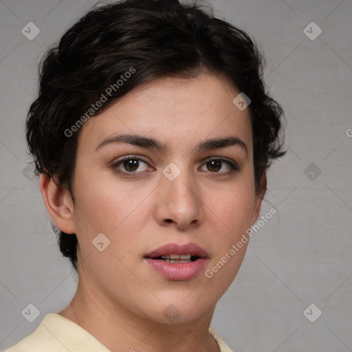 Neutral white young-adult female with short  brown hair and brown eyes