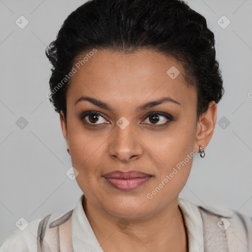 Joyful latino young-adult female with short  brown hair and brown eyes