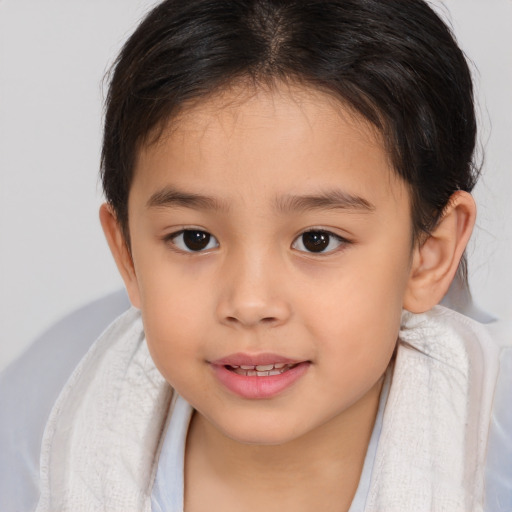 Joyful white child female with medium  brown hair and brown eyes