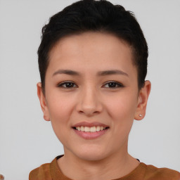 Joyful asian young-adult female with short  brown hair and brown eyes