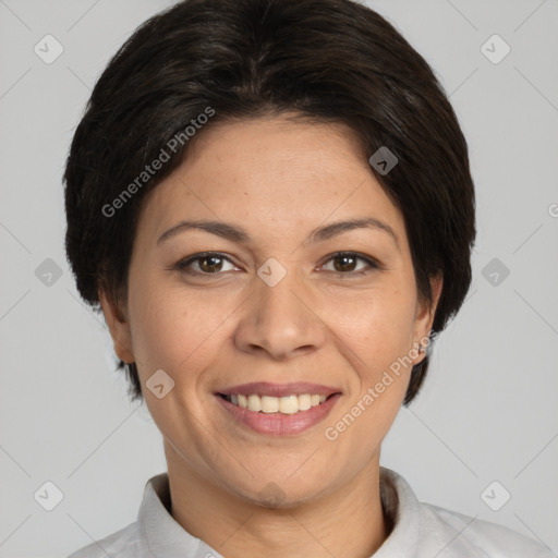Joyful white adult female with short  brown hair and brown eyes