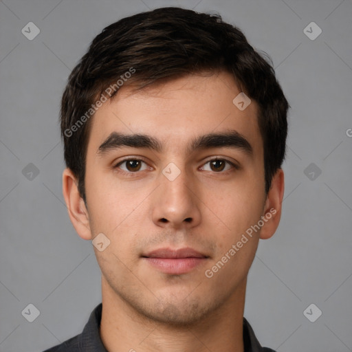 Neutral white young-adult male with short  brown hair and brown eyes