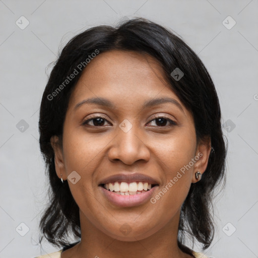 Joyful latino young-adult female with medium  brown hair and brown eyes