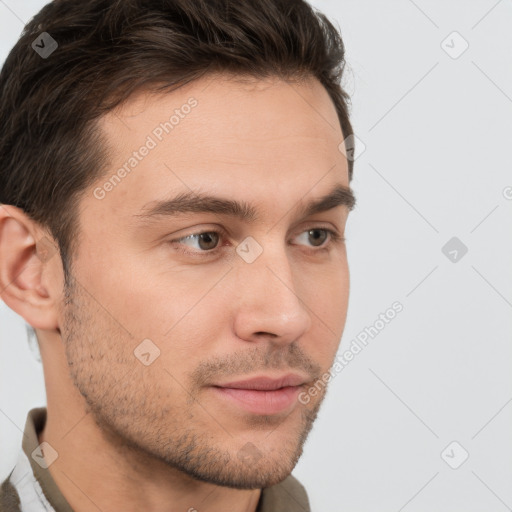 Neutral white young-adult male with short  brown hair and brown eyes