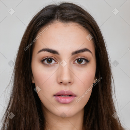 Neutral white young-adult female with long  brown hair and brown eyes