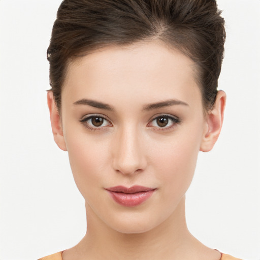 Neutral white young-adult female with short  brown hair and brown eyes