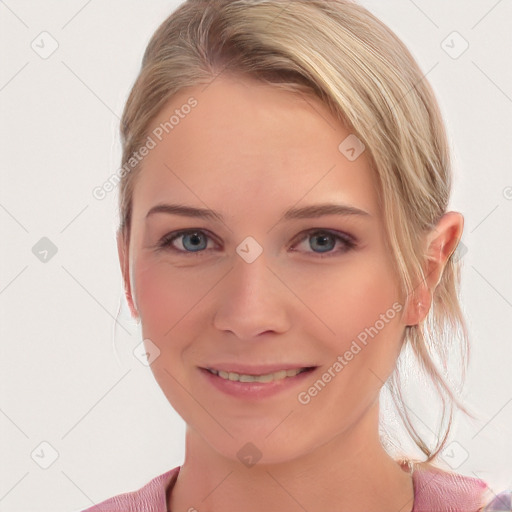 Joyful white young-adult female with medium  brown hair and blue eyes