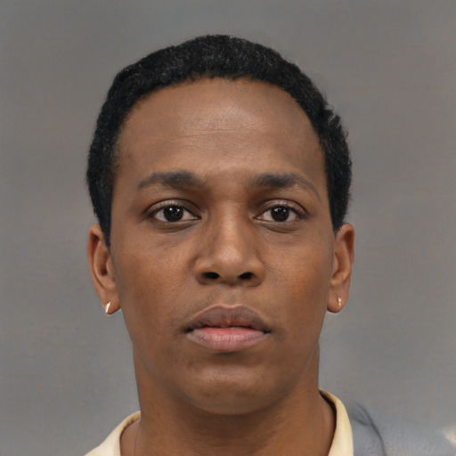 Neutral black young-adult male with short  black hair and brown eyes